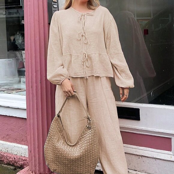 Apricot Casual Women's Lantern Sleeve Tie Waist Top & High Waist Pants Set - Picture 1 of 8